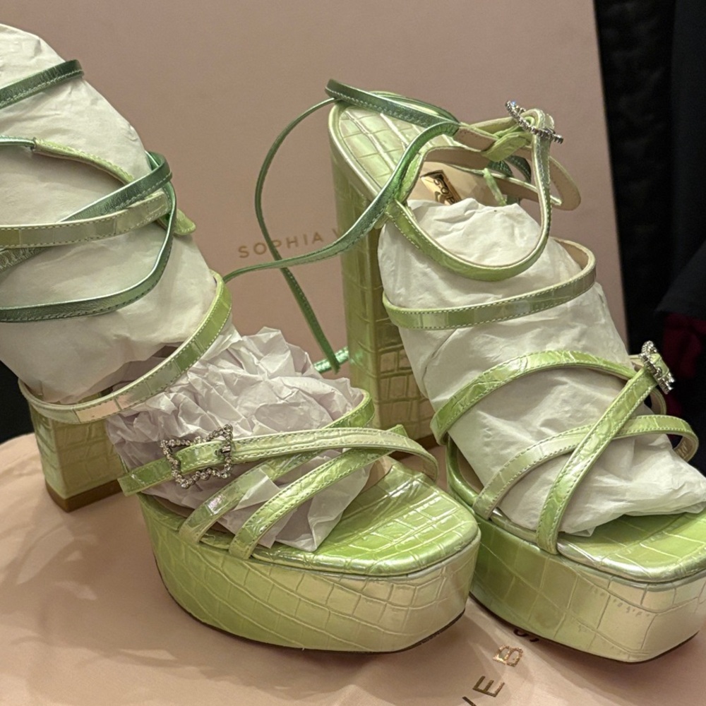 Sophia Webster iridescent Green Strappy Platform Heels- jeweled butterflies NIB